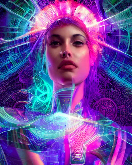 Image similar to a powerful energy psychedelic matrix goddess, by alexander fedosav, hyper detailed digital matte painting, concept art, hyperrealism, 1 6 k resolution, cinema 4 d, 8 k resolution, trending on artstation, behance hd, a masterpiece, by stephan martiniere, particles, cel - shaded, power bright neon energy, by david a. hardy,