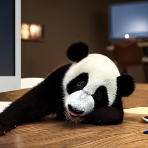 Prompt: A bored baby Panda yawning while working on his desktop computer in a crowded room, hyperrealistic, highly detailed, depth of field, High definition, 8k, octane render, artstation