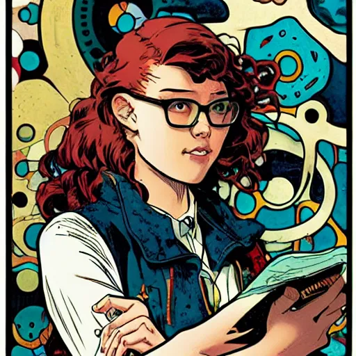 Prompt: a nerdy young woman with big glasses, portrait, wide shot, moody light, dark colors, illustration, pop art, splash painting, graphic novel, art by geof darrow, ashley wood, alphonse mucha