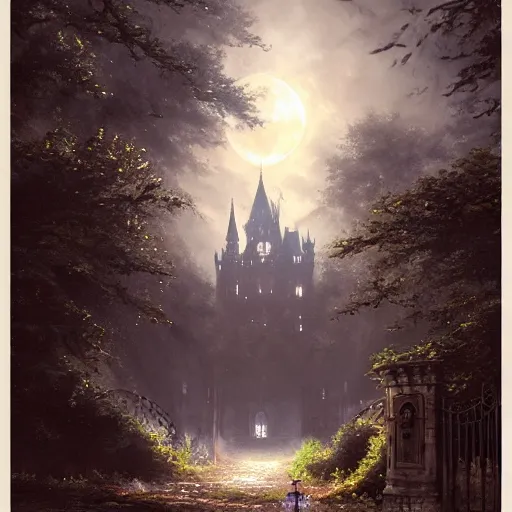 Image similar to a hidden gate in the trees, victorian setting, dramatic light, castle background, clouds, moon, storm, night, high detail, fantasy background, painted by greg rutkowski, digital art, trending on artstation