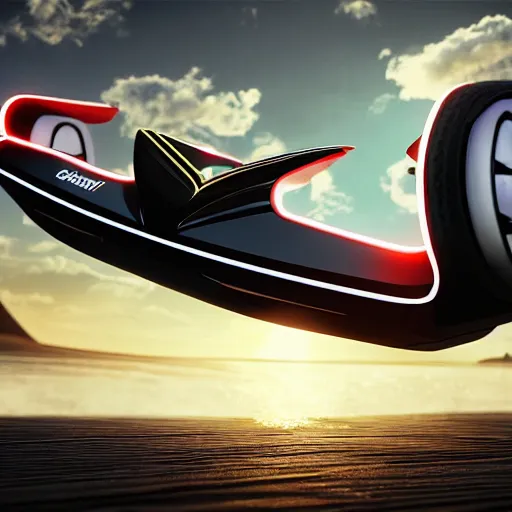 Image similar to concpet art featuring a futuristic ferrari themed hoverboard. beach, sunset. fine detail. this 4 k hd image is trending on artstation, featured on behance, well - rendered, extra crisp, features intricate detail, epic composition and the style of unreal engine.