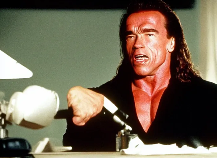 Image similar to arnold schwarzenegger in a still from the movie The Room (2003), You Are Tearing Me Apart Lisa!