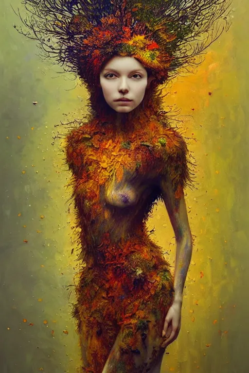 Image similar to full body shot portrait of beautiful girl by irakli nadar with intricate detailed color smashing fluid oil paint and acrylic, dried moss and dried autumn leaves headdress, melting wax, mycelia, abstract impressionism, ruan jia, fantasy, hyper detailed, concept art, by gustav klimt,