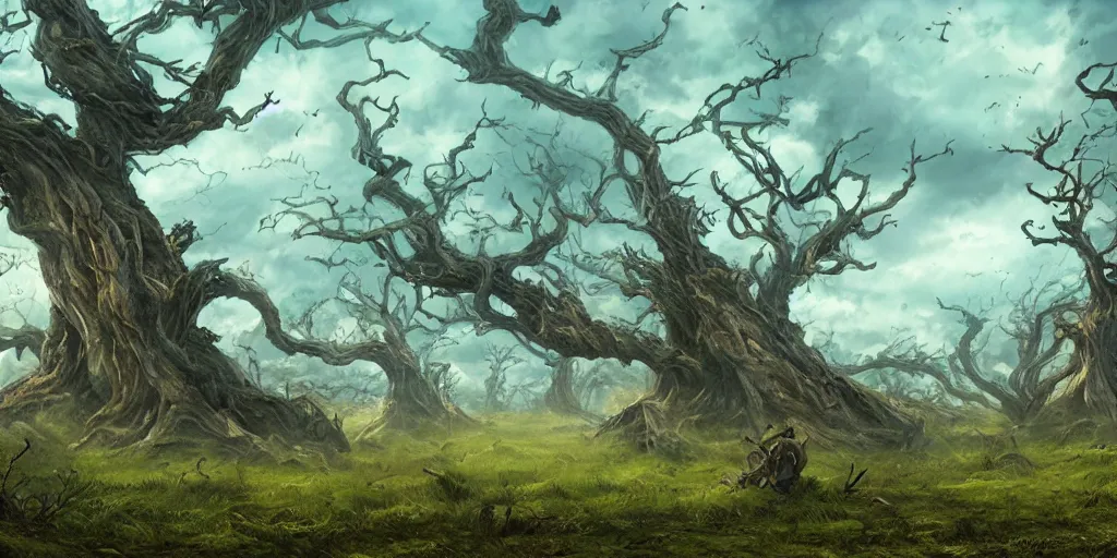 Prompt: swaths of leaned or keeled over windswept trees, no visible soil, high quality fantasy art, 4k