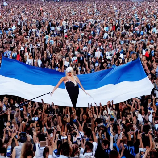 Image similar to Lady Gaga as president, Argentina presidential rally, Argentine flags behind, bokeh, giving a speech, detailed face, Argentina