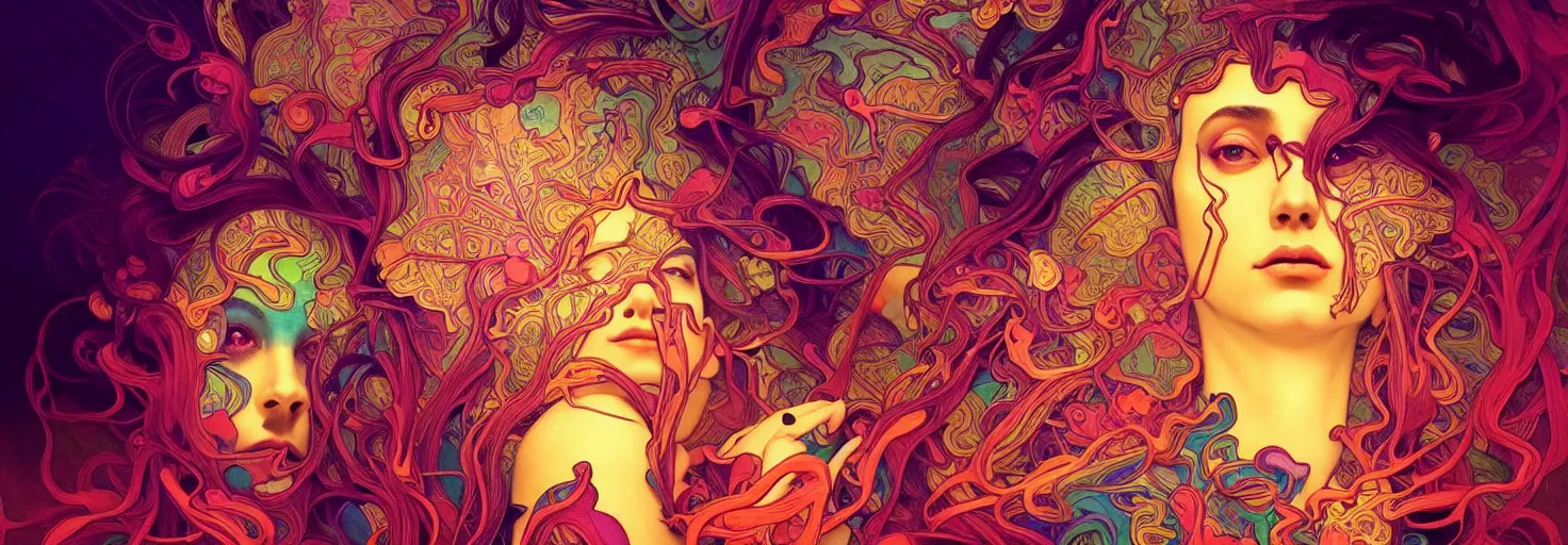 Image similar to An extremely psychedelic experience, colorful, surreal, dramatic lighting, psilocybin, LSD, centered, face, detailed, intricate, elegant, highly detailed, digital painting, artstation, concept art, smooth, sharp focus, illustration, art by Marco Plouffe, Krenz Cushart and Artem Demura and alphonse mucha