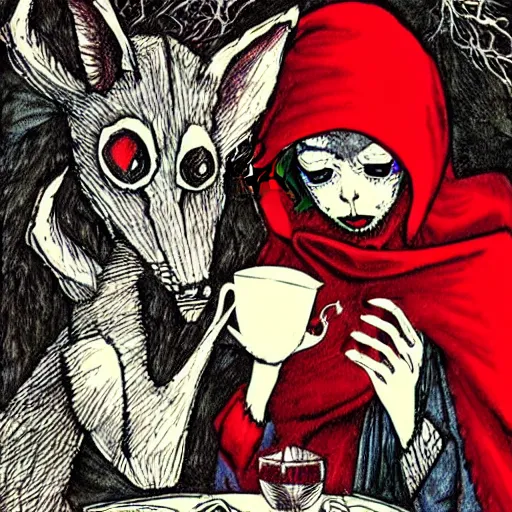 Prompt: haunted fairytale, skeletal little red riding hood having tea with the demon wolf lupus, dramatic tarot card style