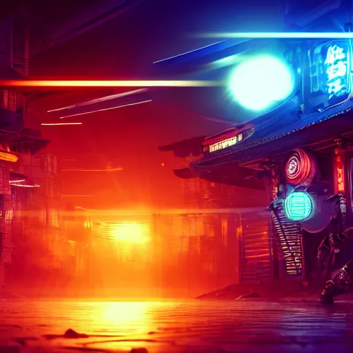 Prompt: A wide shot of a cyborg samurai, cyberpunk background with steampunk vehicles. High action glowing neon lights. Very beautiful, Cinematic, volumetric lighting, Award winning, ultra high resolution, intricate details, rendered with unreal engine, octane render, UHD 8K