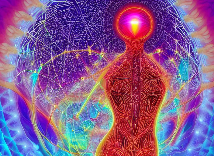 Image similar to ai transcendence into collaborative intelligence, connectedness, body, by alex grey, album cover, award winning, beautiful, colorful, volumetric lighting, trending on artstation