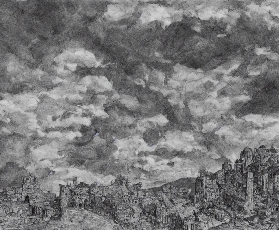 Image similar to A vast empty flat valley surrounded by Transylvanian mountains. A huge metal zeppelin in the sky among colorful clouds. The ruins of a medieval castle on the hillside in the background. No villages or buildings. Late warm evening light in the summer, gloomy weather. High quality, pencil drawing by M.C. Escher.