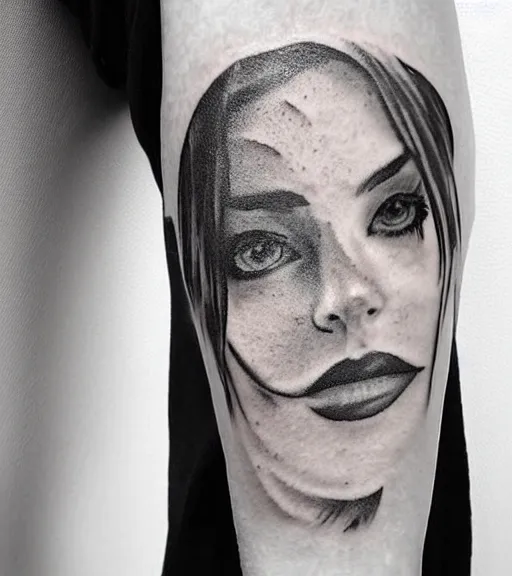 Image similar to tattoo design sketch of a beautiful woman face with a realistic mountain scenery on the womans side, hyper - realistic, double exposure effect, in the style of matteo pasqualin, amazing detail, black and white, faded