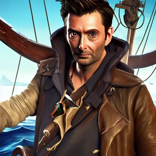 Image similar to david Tennant in the Sea of thieves, long shot, on the ship, ultra detailed, sharp focus, art by artgerm, 8k, game screenshot, wallpaper, hyperrealistic
