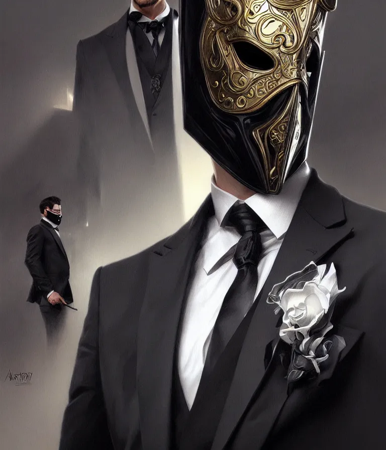 Image similar to ultra realistic illustration, a male with black mask, suit and tie, intricate, elegant, highly detailed, digital painting, artstation, concept art, smooth, sharp focus, illustration, art by artgerm and greg rutkowski and alphonse mucha