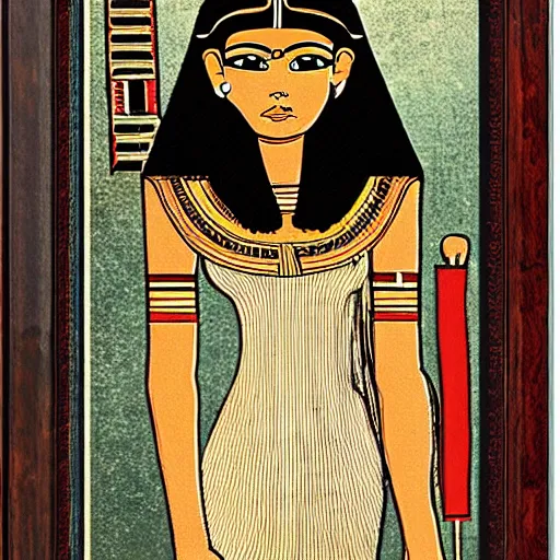 Prompt: cleopatra holding her iphone, with a view of the pyramids in the desert, ancient egyptian papyrus