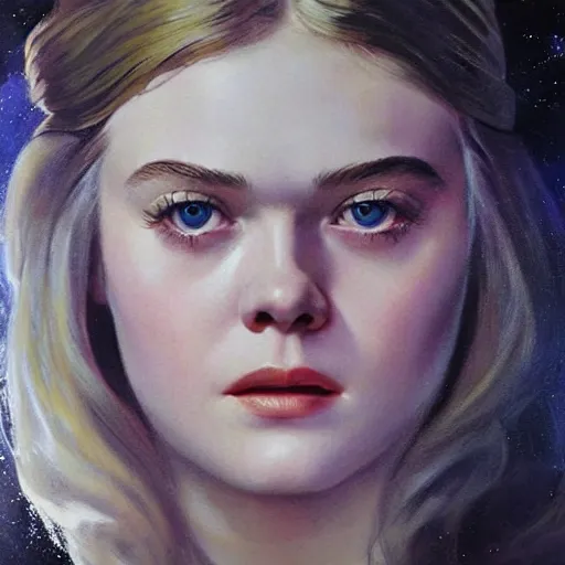 Prompt: ultra realistic portrait painting of elle fanning in a 1 9 7 0 s sci - fi, art by frank frazetta, 4 k, ultra realistic, highly detailed, epic lighting