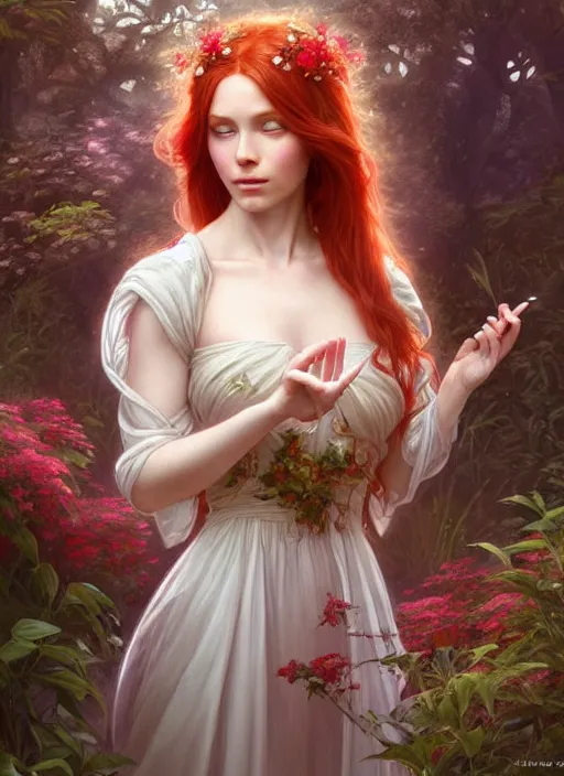 Image similar to a beautiful red haired woman as an angelic fairy princess in a garden, deep focus, d & d, fantasy, intricate, elegant, highly detailed, digital painting, artstation, concept art, matte, sharp focus, illustration, hearthstone, art by artgerm and greg rutkowski and alphonse mucha