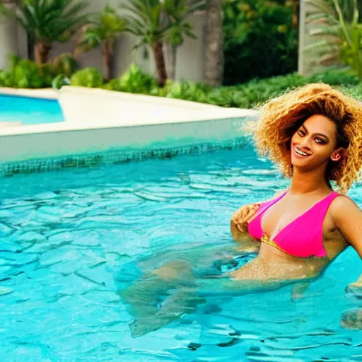 Prompt: Beyoncé being cute in a pool holding a margarita