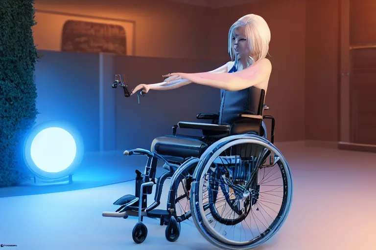 Prompt: ultra realistic details, hyper real, unreal engine 5, octane render, human on a wheelchair, blue neon two wheels, beautiful lighting, post processing