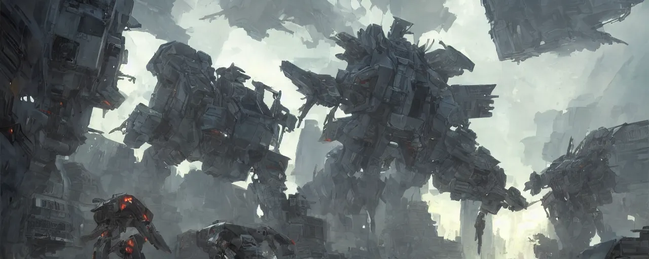 Image similar to armored core mechas battle between gigantic concrete buildings, concept art by theo prins, volumetric light, smoke