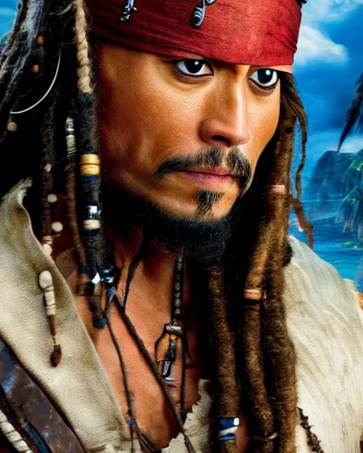 Image similar to Film still close-up shot of Dwayne Johnson as Captain Jack Sparrow from the movie Pirates of the Caribbean. Photographic, photography