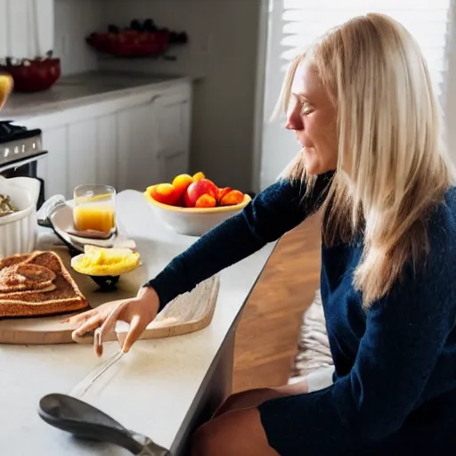 Image similar to Swedish blonde wife making breakfast to her husband,