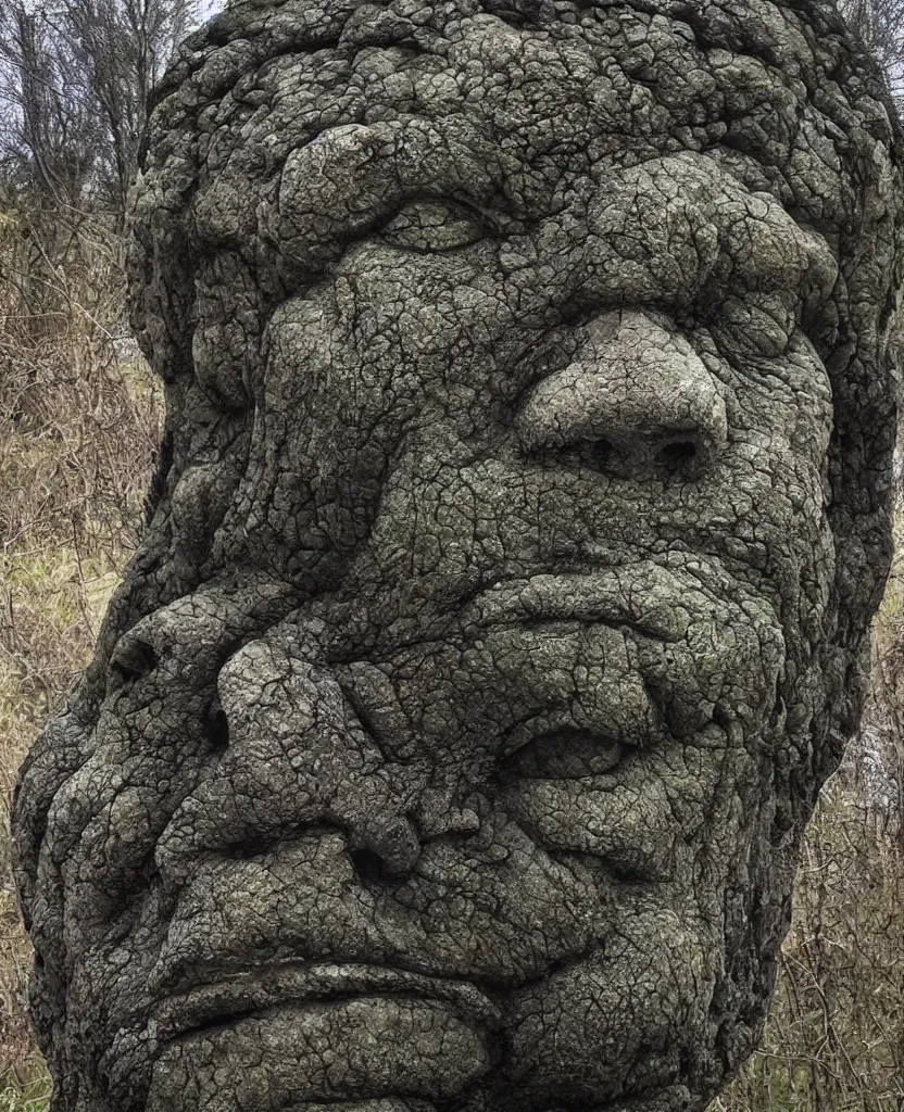 Prompt: giant head sculpture in the meadow, made of stones and lava by tomasz alen kopera