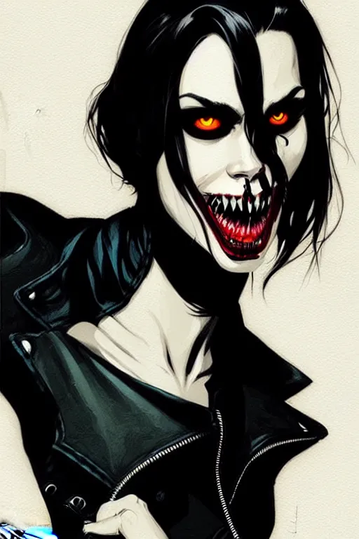 Image similar to rafael albuquerque comic art, peter mohrbacher, phil noto, steve niles, artgerm, pretty willa holland vampire sharp vampire teeth open mouth, symmetrical eyes, black leather jacket, jeans, long black hair