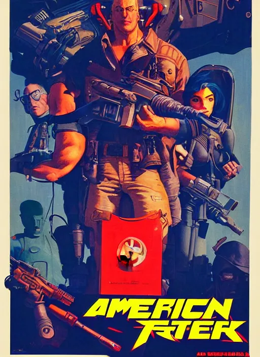 Image similar to american propaganda poster. cyberpunk blackops mercenary. portrait by jean giraud and anton otto fischer and john philip falter and will eisner and gil elvgren and pixar. realistic proportions. character art. science fiction d & d. overwatch, rb 6 s, cyberpunk 2 0 7 7, blade runner 2 0 4 9.