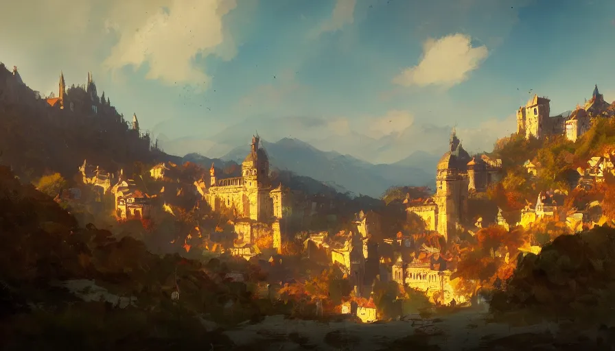 Image similar to a beautiful establishing shot of the duchy of toussaint, warm colors by greg rutkowski and kalin popov, trending on artstation, masterpiece,