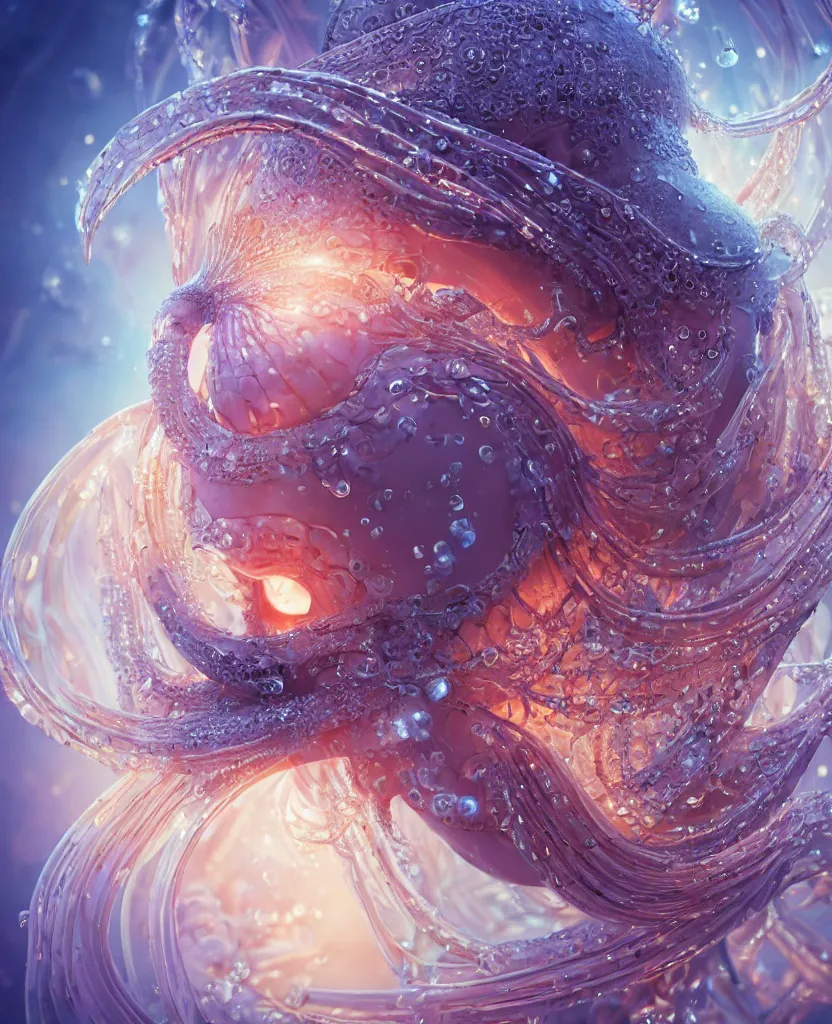 Image similar to close-up macro portrait of the face of a beautiful princess, epic angle and pose, symmetrical artwork, 3d with depth of field, blurred background, cybernetic jellyfish female face skull phoenix bird, translucent, nautilus, energy flows of water and fire. a highly detailed epic cinematic concept art CG render. made in Maya, Blender and Photoshop, octane render, excellent composition, cinematic dystopian brutalist atmosphere, dynamic dramatic cinematic lighting, aesthetic, very inspirational, arthouse. y Greg Rutkowski, Ilya Kuvshinov, WLOP, Stanley Artgerm Lau, Ruan Jia and Fenghua Zhong