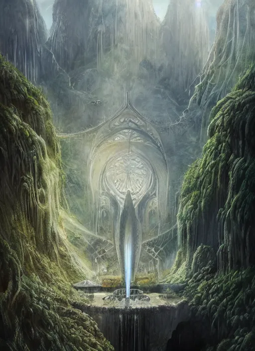 Image similar to Rivendell Himeji hallucination, amazing concept painting, by Jessica Rossier A gleaming white opera hall fortress overlooks a fertile valley, brutalist deak ferrand Jean-pierre Ugarte bases, garden of eden, by HR giger by Beksinski,