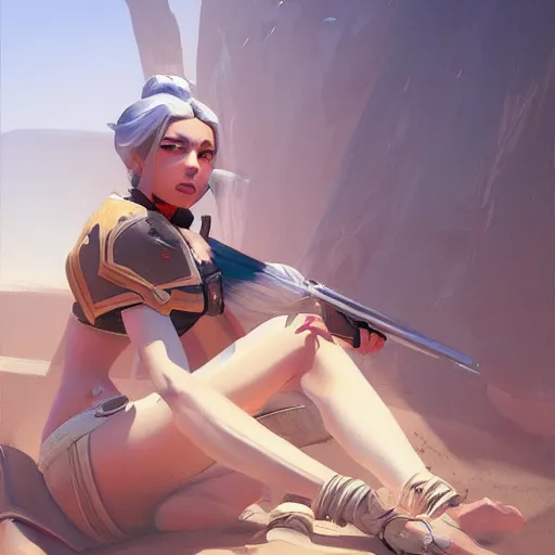 Image similar to very detailed masterpiece painting of ashe from overwatch in a desert, portrait, artstation, concept art by greg rutkowski