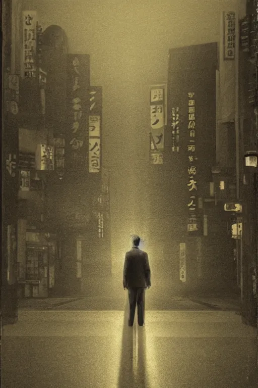 Image similar to a man standing in the middle of a tokyo street at night, in the style of the dutch masters and Gregory Crewdson