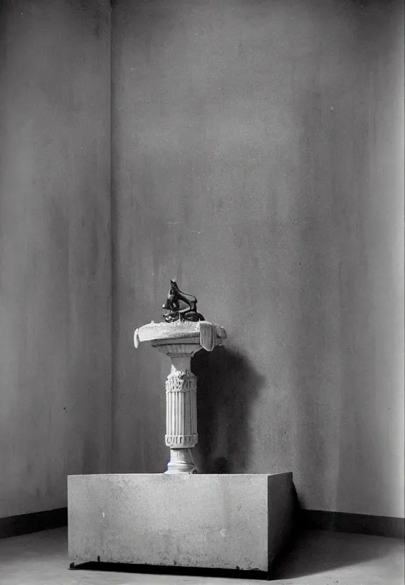 Prompt: a historical archive of fountain ( fontaine ) readymade by marcel duchamp, archival pigment print, 1 9 2 0, conceptual art, white, grey, gray, underexposed grey, hues of subtle grey, ready - made, studio shoot, studio lighting