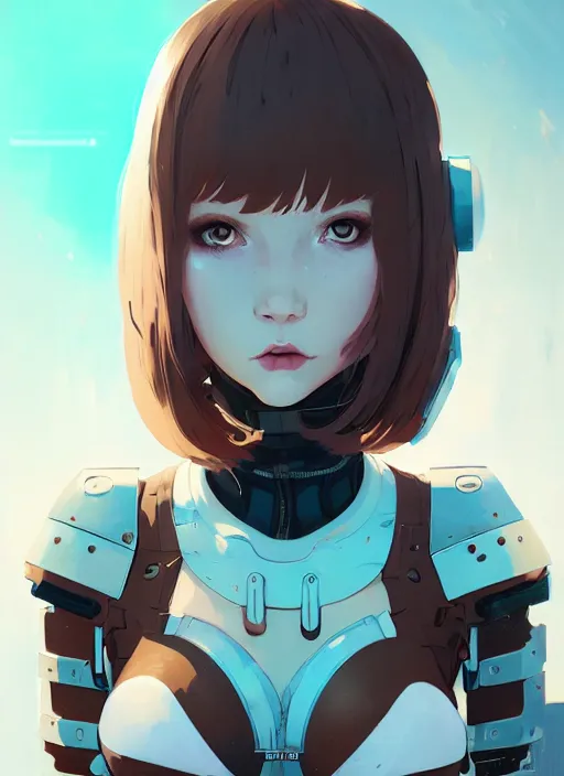 Image similar to portrait of cute maiden girl in cyber bikini armor, face by ilya kuvshinov, warhammer, cyberpunk, by atey ghailan, by greg rutkowski, by greg tocchini, by james gilleard, by joe fenton, by kaethe butcher, dynamic lighting, gradient light blue, brown, blonde cream and white color in scheme, grunge aesthetic