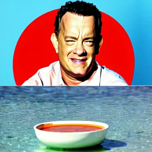 Prompt: tom hanks swimming in a bowl of tomato soup