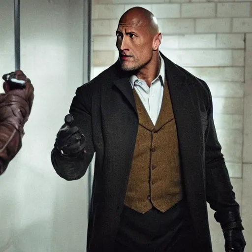 Prompt: dwayne johnson as sherlock holmes examine the evidence, cinematic scene