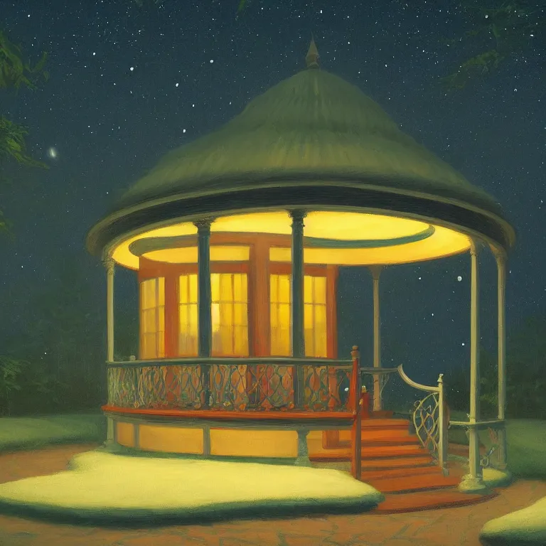 Image similar to a storybook illustration of a beautiful cozy moonlit gazebo, fireflies, quiet night foggy scene painted by Edward Hopper masterpiece, intricate, elegant, fantasy, highly detailed, digital painting, concept art, sharp focus, artstation