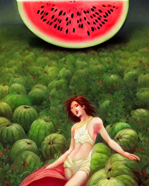 Image similar to an angel living inside a giant watermelon, watermelon house, posing, highly detailed, digital painting, artstation, concept art, smooth, sharp focus, illustration, art by artgerm and greg rutkowski and alphonse mucha