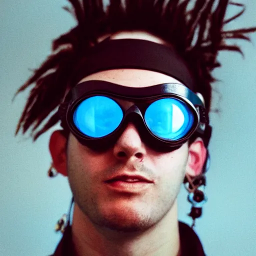 Prompt: kodak portra 4 0 0 photograph of a cybergoth guy wearing goggles and eclectic jewelry, moody lighting, telephoto, 9 0 s vibe, blurred background