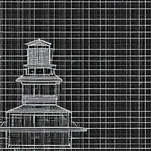 Image similar to a black and white photo of a clock tower, a wireframe diagram by baioken eishun, cg society, ascii art, dye - transfer, black background, ue 5