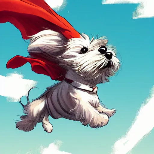 Prompt: cream colored havanese dog dressed as a super hero, jumping off a rooftop, sideways wide shot, highly coherent, saga comic, graphic novel, fiona staples