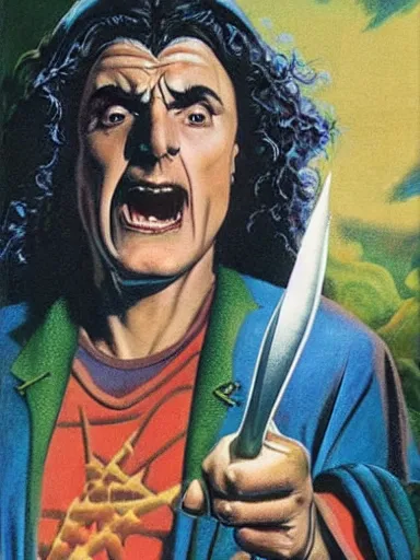 Image similar to weird al as a powerfulwizard holding a staff, serious expression, in the style of frank frazetta