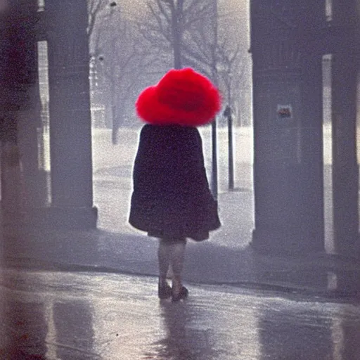 Prompt: viewed through a foggy window, best quality woman's back wearing a red hat crossing a street by saul leiter, award winning photo, ultra detailed, best quality world, precise