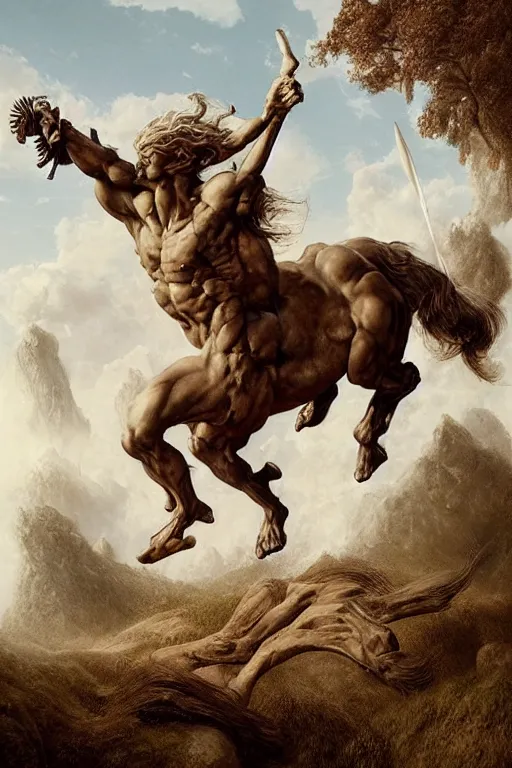 Image similar to “men of nature” Greek mythology centaur, half human half horse, Sagittarius, 4k detailed hyperrealistic digital photo by Justin Gerard, Beeple, Gustave Dore, Artstation, CGsociety