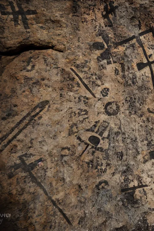 Prompt: 4 k photography of petroglyphs representing crosses, sauwastica, wifi symbol on a cave