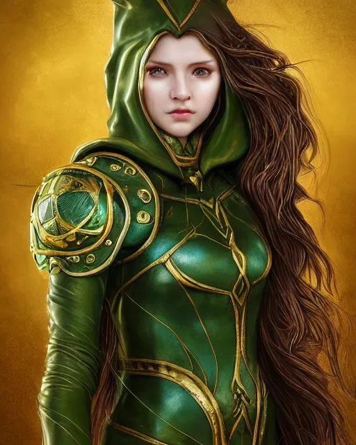 Image similar to a beautiful photo of a young woman, green elf ranger with long flowing hair and a green leather hood, elf ranger leather armor with olive green and brown colors and gold lining, young female face, cinematic top lighting, insanely detailed and intricate, face by wlop, Charlie Bowater, designs by zhelong xu and gustave doré, golden ratio, symmetric, elegant, ornate, luxury, elite, matte painting, cinematic, trending on artstation, deviantart and cgsociety, 8k, high resolution