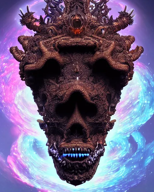 Image similar to 3 d ornate carved dark cosmic king with profile portrait, sigma 5 0 0 mm f / 5. beautiful intricate highly detailed quetzalcoatl skull. bioluminescent, plasma, lava, ice, water, wind, creature, thunderstorm! artwork by tooth wu and wlop and beeple and greg rutkowski, 8 k trending on artstation