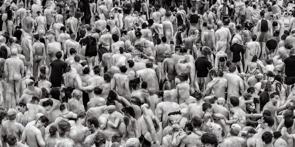 Image similar to love, groups of people in thermal heat, from behind, rebirth, wide angle, cinematic atmosphere, elaborate, highly detailed, thermal imaging