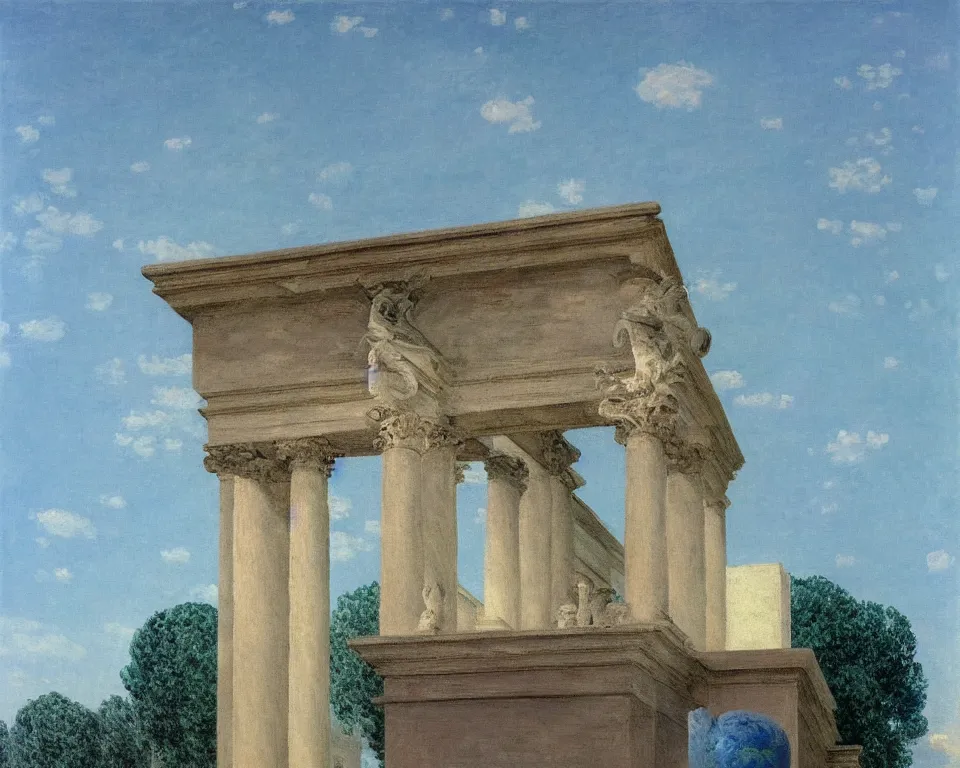 Image similar to achingly beautiful painting of a roman pediment on baby blue background by rene magritte, monet, and turner. piranesi.